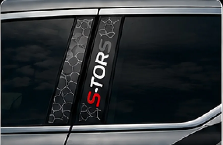 Custom B-pillar graphic with a carbon pattern and red S-TORS lettering on a car door pillar.