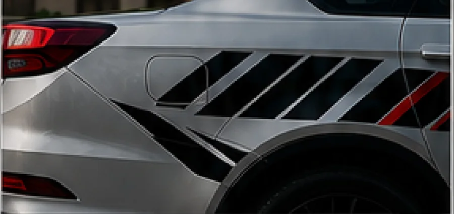 Silver car with a matching set of angular black and red side decals.