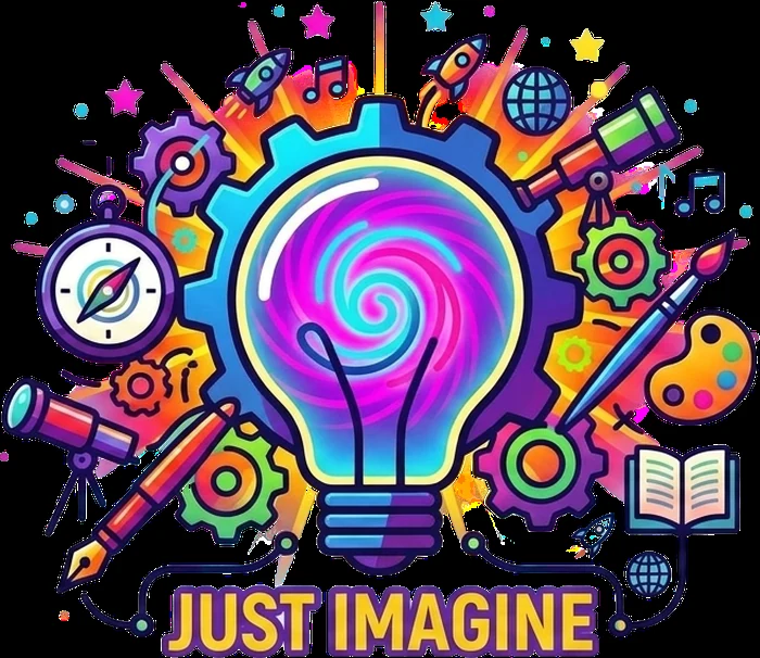 "Just Imagine" illustration: a glowing lightbulb surrounded by gears, rockets, brushes and stars.