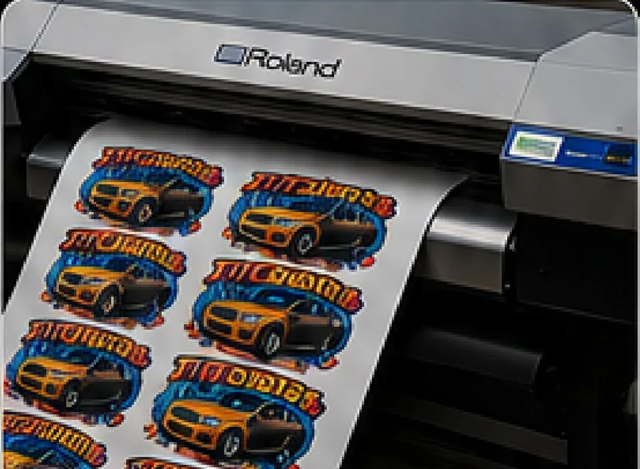 A Roland print-and-cut machine producing a sheet of full colour car stickers.