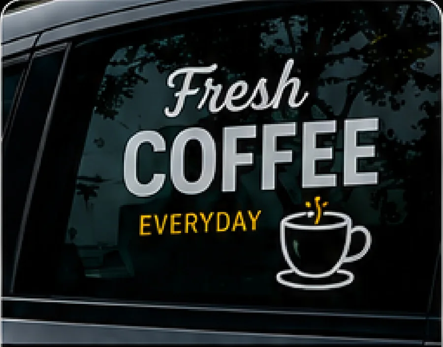 Fresh Coffee Everyday window graphic applied to a shop window.